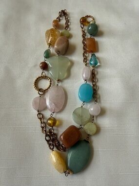Genuine Multicolor Agate Quartz stone beaded Chain Necklace 32” long